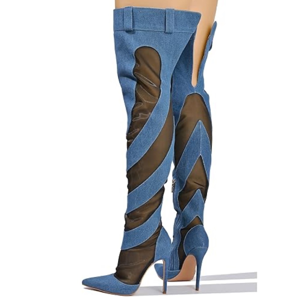 •CAPE ROBBIN• “Mandali” Mesh Denim Thigh High Boots - Blue & Black // NIB - Picture 4 of 14